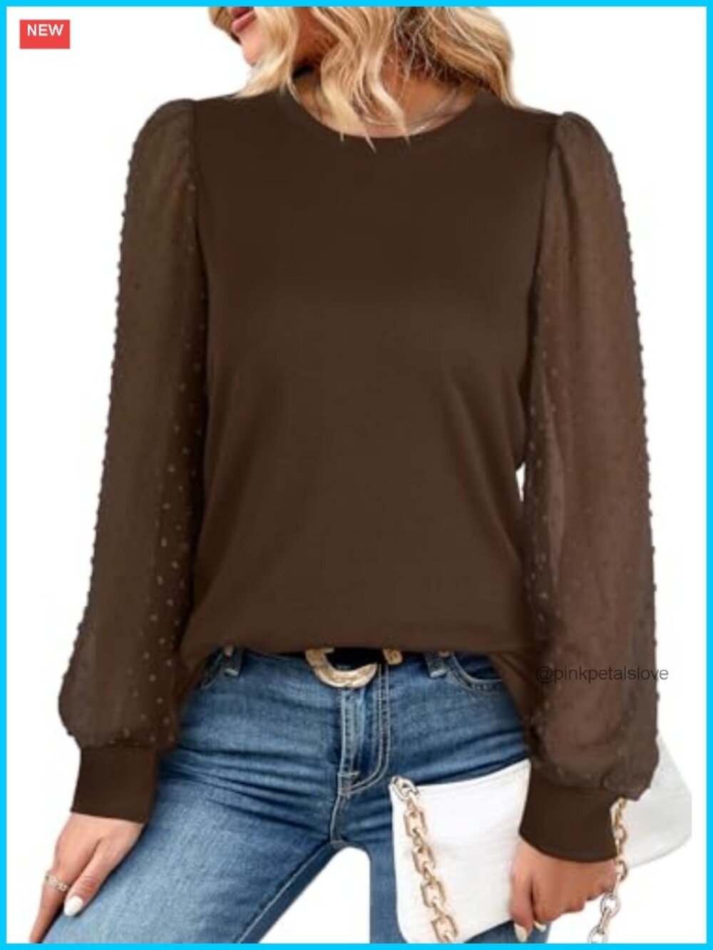 Women's Long Sleeve Tunic Top Puff Sleeve Swiss Dot Crew Neck Loose Fit - Picture 2 of 6